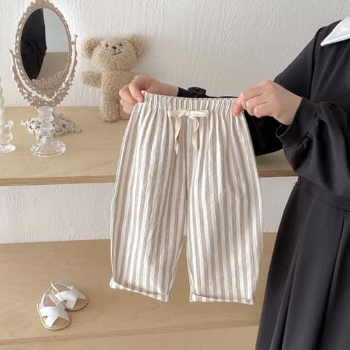 Toddler Boys Cute Striped Pants Baby Girls Baggy Cotton Linen Sweatpants with Drawstring Summer Elastic Waist Barrel Joggers Breathable Lightweight Trousers,Coffee, Size 12-18 Months — view 2