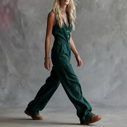 Women's Casual Jumpsuit Dressy V Neck Sleeveless Button Down Retro Wide-Leg Pant Vintage Western Romper Green — view 2