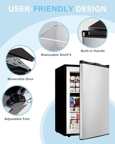 Feelfunn 3.0 Cu.ft Upright freezer - Compact Mini Freezer with 7 Adjustable Thermostat, Removable Shelves, Reversible Single Door, 360°Uniform Cooling Small freezer for Home Office Dorm, Silver — view 5