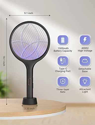 YISSVIC Bug Zapper Racket 4000 Volt Electric Fly Swatter Fly Zapper Indoor Outdoor Dual Modes with Attractant Light Rechargeable Black — view 2