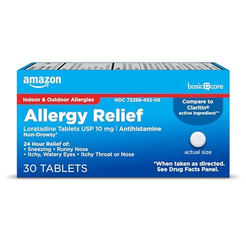 Amazon Basic Care Allergy Relief Loratadine Tablets 10 mg, 24-Hour Non-Drowsy Antihistamine for Sneezing, Runny Nose, Itchy Eyes, Hay Fever, 30 Count