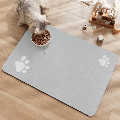 Dog Cat Food Mat Pet Bowl Mat Absorbent No Stains Quick Dry-Innovative Pet Supplies Dog Cat Accessories-Water Dispenser Mat for Messy Drinkers-Light Grey with Paw Pattern 12"x19"