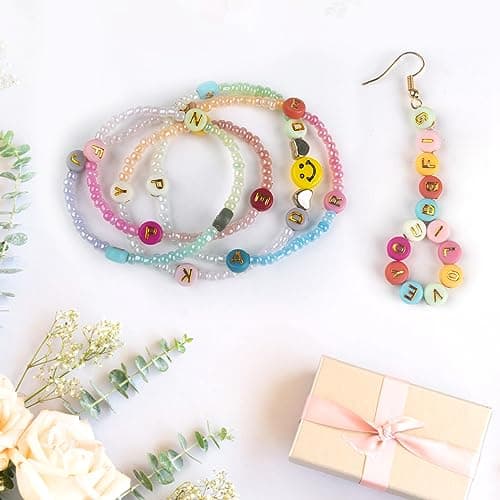 SUTOUG 1010PCS Colourful Letter Beads for Threading, 4 x 7 MM Acrylic Round Beads for Jewellery DIY Making Crafts Bracelets Necklaces Ornaments-Gold — view 6