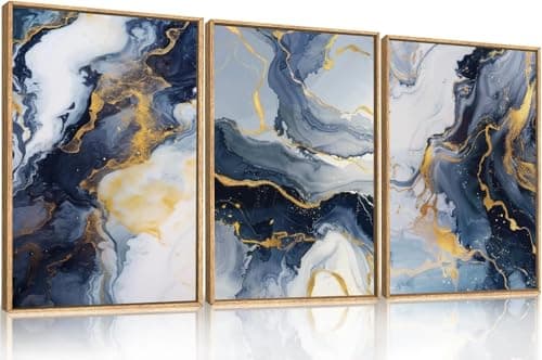 HPNIUB Navy Blue and Gold Framed Canvas Wall Art Set,Mid-Century Modern Abstract Wall Decor,Navy Blue Ink Wash Painting,Neutral Art Print for Living Room,Bedroom,Dining Room,Office - 24"x36"x3