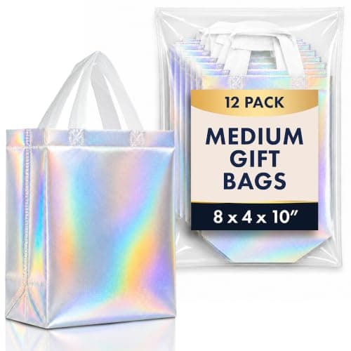 Nush Nush Iridescent Gift Bags Medium Size – Set of 12 Holographic Reusable Gift Bags With Handles - Perfect Goodie Bag for Birthday Party Favors, Bachelorette Gifts, Christmas Gifts – 8Wx4Dx10H