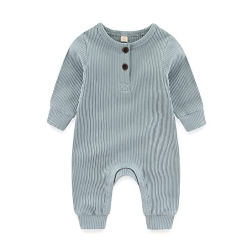 Newborn Baby Boys Girls One Piece Romper With Mitten Cuffs 3 Pack Long Sleeve Ribbed Button Jumpsuit Outfit Clothes green+blue+gray 3 months — view 2