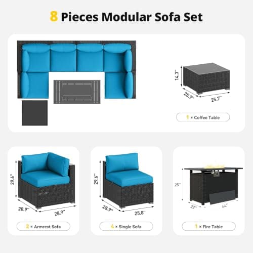 Aoxun Patio Furniture Set with Fire Pit Table, 8 Piece Outdoor Sectional Sofas, Wicker Rattan Outdoor Furniture with Thickened Cushion for Backyard, Garden Peacock Blue — view 6
