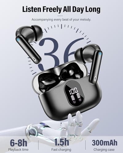 Wireless Earbuds, Bluetooth 5.4 Headphones Bass Stereo, Ear Buds with Noise Cancelling Mic, LED Display in Ear Earphones Clear Calls, IP7 Waterproof Bluetooth Earbuds for Phones/Sports/Laptop, Black — view 4