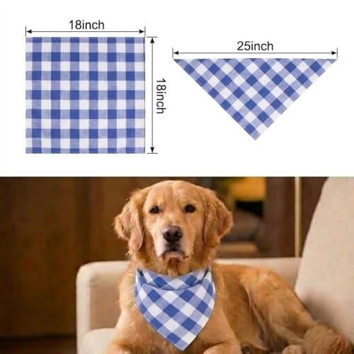 Dog Bandanas 1 Pack; Cotton Linen Blue Bandana Plaid for Large Dogs; Soft Breathable Dog Accessories; Classic Dog Apparel & Accessories(Blue Gingham,) — view 2