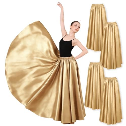 ZLDPQ 4PCS Satin Maxi Skirt for Women Circle Dance Skirts Ankle Length Long Skirt Women for Flamenco Belly Dance Party, Gold, One Size