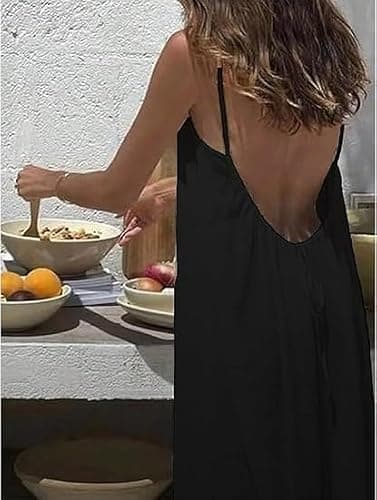 Backless Cami Dress Backless Dress House Dress for Women Sleeveless Long Cami Lounge Dress Backless for Indoor Summer Wear (US, Alpha, Large, Regular, Regular, Black) — view 2
