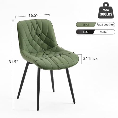 YOUNUOKE Dining Chairs Set of 2, Mid Century Modern Kitchen Chairs with Mid Back and Metal Legs, Upholstered Faux Leather Armless Accent Chairs for Living Room Waiting Room Bedroom, Olive Green