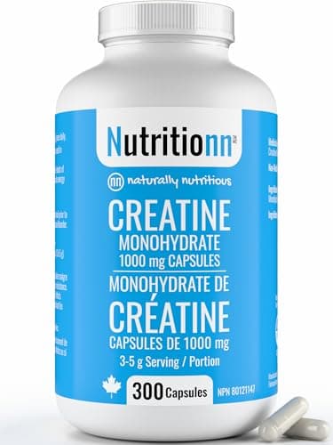 Creatine Capsules - 1000 mg (1 g) Creatine Monohydrate per Capsule, 300 Count (3-5 Daily) - Made in Canada - Muscle, Strength, Power, Performance Supplement - Third-Party Tested - Nutritionn