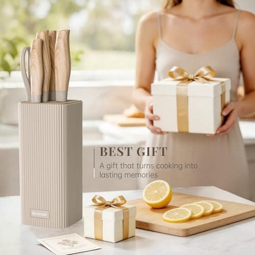 Astercook Knife Set, 6-Piece Kitchen Knife Set with Block, High Carbon Stainless Steel Ultra Sharp Kitchen Knives, Wood Grain Handle, Dishwasher Safe Knife Block Set, Khaki, Kitchen Utility Knives — view 8