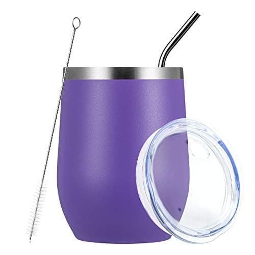 MEWAY Stemless 12oz Wine Tumbler Glasses with Lid -Insulated Double Wall Vacuum Stainless Steel Travel Tumbler with Straw,Gift for Woman Under 10 Dollars (Purple,1)