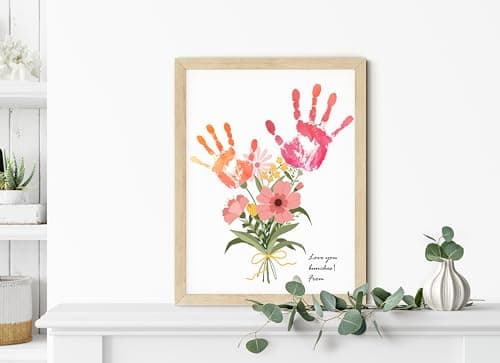 TwoDays Flower Bouquet Handprint Art Craft DIY Kit, Unique Gifts for Mom From Daughter or Son for Mother's Day Birthday Christmas, Gift for Grandma.(12" X 16", With Wood Frame) — view 5