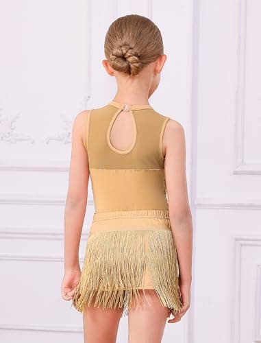 IWEMEK 2PCS Latin Jazz Hip Hop Dance Outfits for Girls Sequin Velvet Fringe Bodysuit Tassel Skirt Ballroom Dress Dancewear, Gold, 9-10 Years — view 3