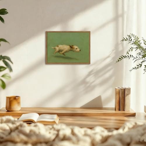 Funny Dog with Zoomies Wall Art Cute Terrier Dog Running Wall Decor Picture Vintage Animal Poster Canvas Painting Print Cute Pet Artwork for Living Room Bedroom 12x16 inch Wood Framed