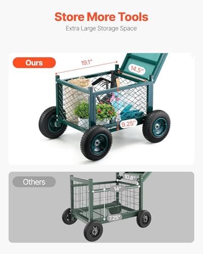 VEVOR Rolling Garden Cart with Seat, Metal Rolling Garden Work Seat with Wheels, Supports up to 400 LBS, Heavy Duty Gardening Cart Scooter, Outdoor Wagon & Stool on Wheels for Lawn, Patio, Backyard — view 2