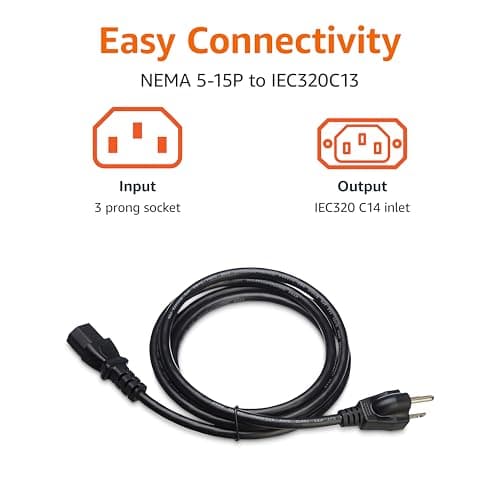 Amazon Basics PC Power Cable, 6 feet, AC Power Cord for Monitor, Computer, TV, 3 Prong, 18 AWG, 125 Volts, NEMA 5-15P to IEC320C13, UL Listed, Black — view 2