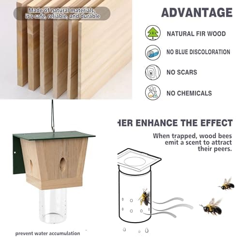 Carpenter Bee Trap for Outside - Green Pentroof Shed Style Nature Hanging Wood Carpenter Bee Traps Outdoor - Best Bee Trap - Insect Traps with Removable Vault (1 Pack) — view 3