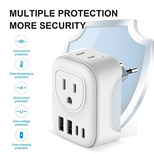 VYLEE Travel Plug Adapter, International Plug Adapter with 4 AC Outlets 2 USB Ports (2 USB C Port), Type C Power Adaptor Charger for the US to Most of Europe Iceland Spain Italy France Germany