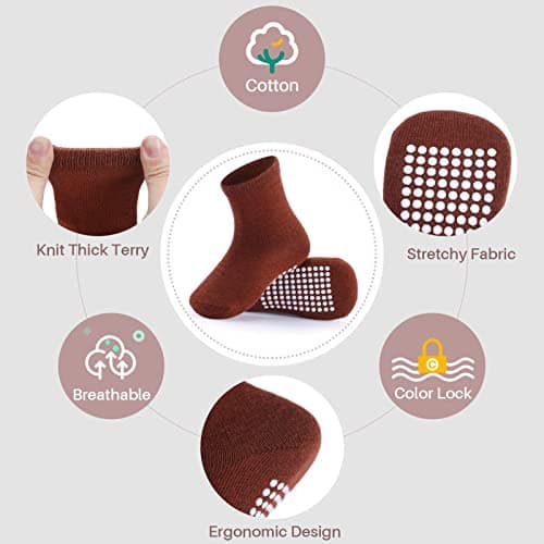 JAKIDAR 12 Pack Baby Toddler Socks Non Slip Grip Cotton Crew Socks for Boys Girls Infants Kids, Angola Red, 12-24 Months — view 5