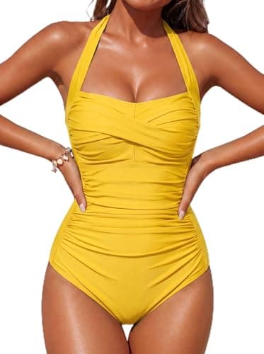 Smismivo Tummy Control Swimwear Yellow Halter One Piece Swimsuit Ruched Padded Bathing Suits for Women Slimming Vintage Bikini