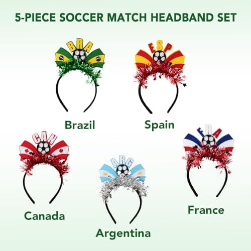 2026 World Soccer Match Party Hair Accessories Set, 5 Pack Glitter Flag Headbands (Canada/Argentina/Brazil/France/Spain), Soccer Football Fan Gear Hairband for Game Day, Soccer hair accessory — view 3