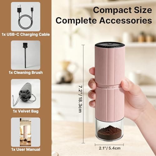 Portable Electric Coffee Grinder, 7-Blade Conical Stainless Steel Burr, 30+ Adjustable Settings, USB-C Rechargeable Cordless Handheld Metal Shell for Espresso & Travel - Blue