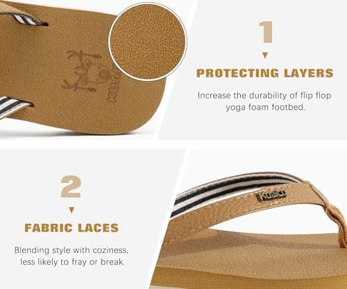 KuaiLu Womens Arch Support Flip Flops Comfortable Yoga Mat Slip on Leather Walking Thong Cushion Sandals Summer Beach Orthotic Slides Travel Essentials Indoor Outdoor Slippers Shoes Khaki Size 8 — view 5