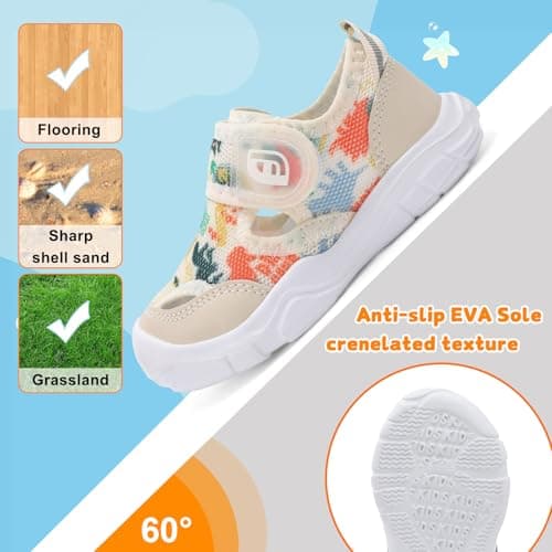 JOINFREE Closed Toe Water Sandals for Toddlers Wide Fit Quick-Dry Aqua Shoes with Anti-Collision Toe for Summer Activities Beige Dinasour Size 8 — view 5