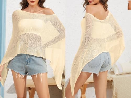 Vicarly Off The Shoulder Sheer Crochet Vacation Outfits Poncho Sweater Top Summer Beach Cover Up Women See Though Thru Festival Shawls Bolero Shrug Rave Resort Going Out Wear Swimsuit Crochet Beige M — view 2