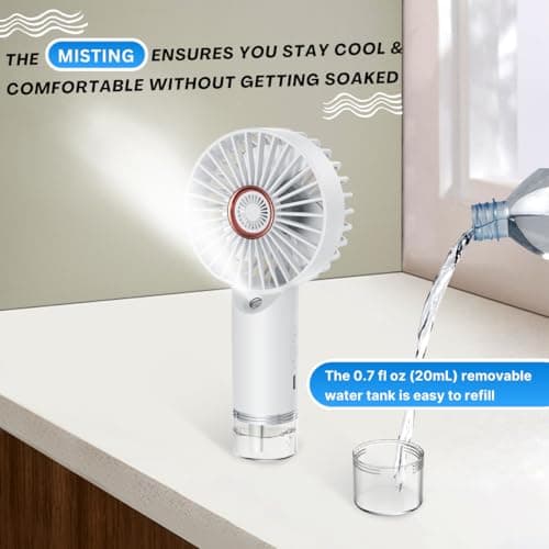 BlingTrail Mini Handheld Fan With Water Mist, Outdoor Portable Misting Fan Rechargeable, Water Spray, Hand Held, 2000mAh Battery Powered, Powerful & Ultra Quiet, for Travel, Sleeping, and Desk, White