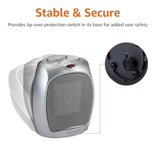 Amazon Basics Ceramic Space Heater, Portable Indoor Heating Solution, With Overheat and Tip-Over Protection, Thermostat, Non-Oscillating, 1500W, Fast Heating, 7.52"D x 6.34"W x 9.45"H, Silver — view 4