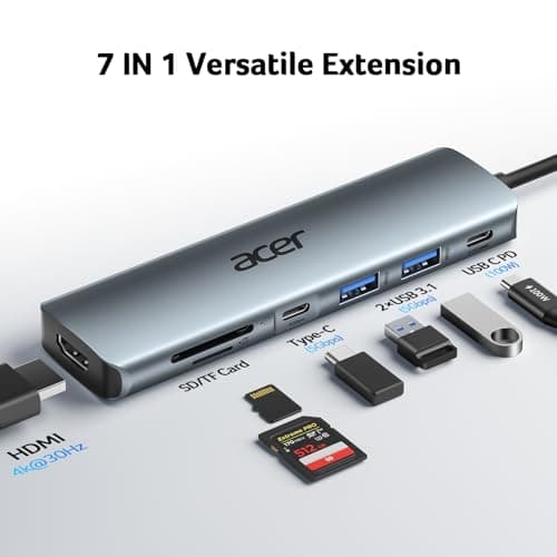 Acer USB C Hub, 7 in 1 4K USB C to HDMI Adapter, Multiport Splitter with PD100W Fast Charging, 5Gbps 2*USB 3.0, Type-C Data Port, SD TF Card Reader for MacBook Neo(A18 Pro), iPad Pro, Acer, Dell XPS