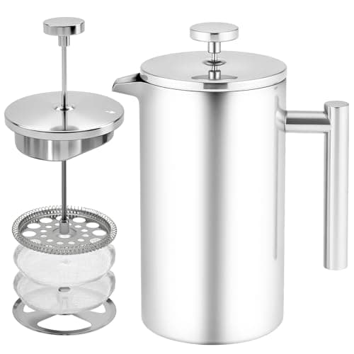 CAOANTRY French Press Coffee Maker, 304 Grade Stainless Steel French Press with 2 Extra Filters for Home, Office, Travel, Camping - 34OZ/1 Litre (Sliver)