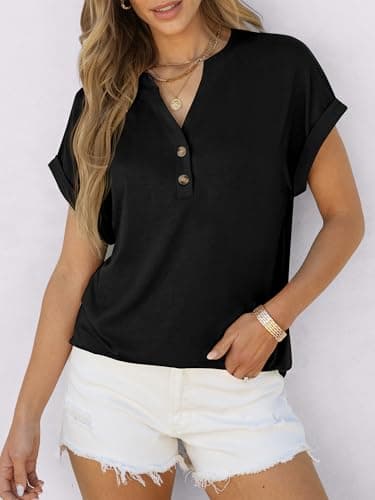 ANRABESS Womens Short Sleeve Henley Tops V Neck Dressy Casual Blouses Summer Trendy Tee Shirts 2026 Vacation Fashion Clothes Black L — view 3