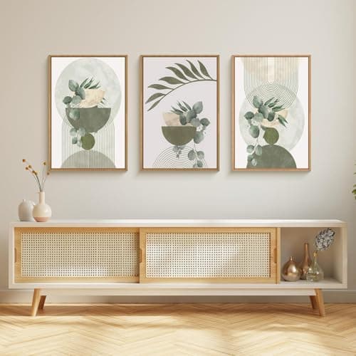 Ausril Sage Green Plant Canvas Wall Art Set 3, Abstract Geometric Line Botanical Framed Prints, Beige Minimalist Boho Leaf Paintings,16x24In Mid Century Modern Artwork for Living Room,Bedroom,Office