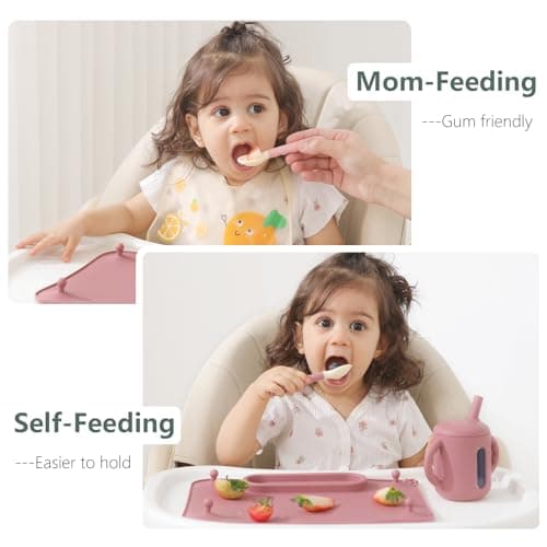 4-Pack Silicone Baby Spoons, Seposeve Soft Gum-Friendly First Feeding Spoons for Babies, Baby Feeding Utensils Essentials, Easy-Grip Handle, BPA Free, Dishwasher Safe, 2 Pink 2 Purple — view 3