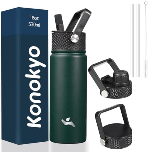 Konokyo 18 oz Insulated Water Bottle Stainless Steel Sport Bottles with 3 Lids,Army Green