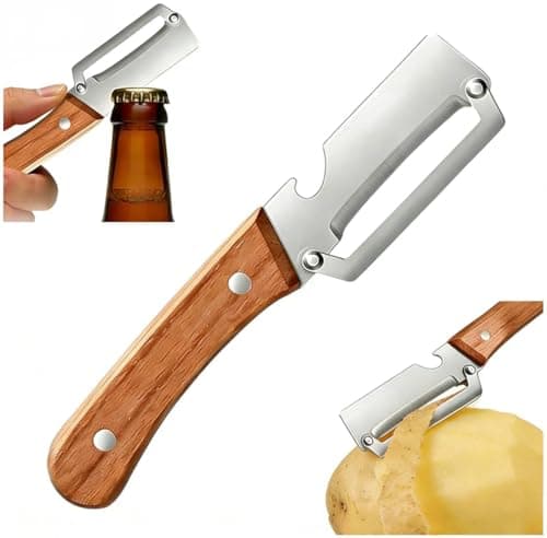 Premium Vegetable Peeler with Wooden Handle and Bottle Opener: 2-in-1 Stainless Steel Kitchen Tool for Fruit Apple Potato Pumpkin Papaya (1 PCS)