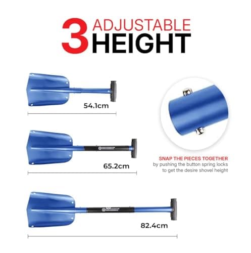 72HRS Collapsible 3-in-1 Aluminum Compact Snow Shovel - Snow Removal in Winter, Emergency Kit for Vehicle, Car, Van, SUV, Truck, Snowmobile, Snowboard Gear, Camping, Gardening (Blue, 21”-32”)