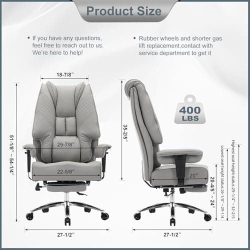 EXCEBET Big and Tall Office Chair 400lbs Wide Seat, Leather High Back Executive Office Chair with Foot Rest, Ergonomic Chairs Lumbar Support for Lower Back Pain Relief (Light Grey)