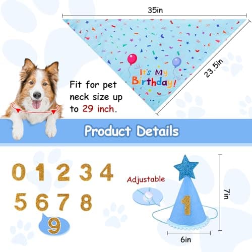 Yicostar Dog Boy Girl Birthday Party Hat, Dog Birthday Party Supplies, Birthday Bandana Set with Numbers for Gaint and Extra Large Dogs (Blue)