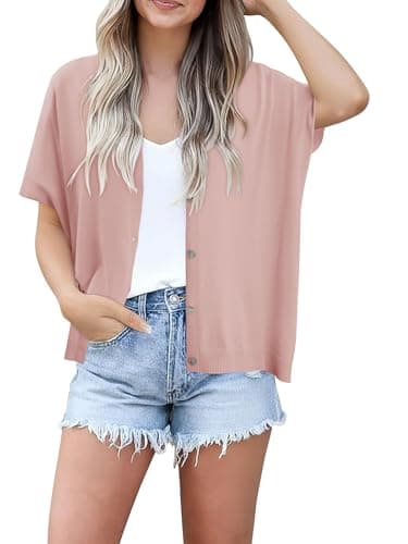 BETTE BOUTIK Womens Half Short Sleeve Cardigans Summer Lightweight Knit V Neck Button Down Casual Sweater Tops for Beach Vacation Pink Large — view 4