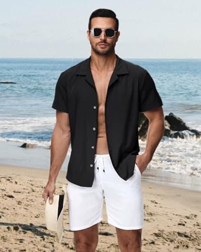 HMIYA Mens Shirts Hawaiian Short Sleeve Button Up Shirt Men Beach Vacation Casual Summer Chemise Homme Solid Color Black — view 2