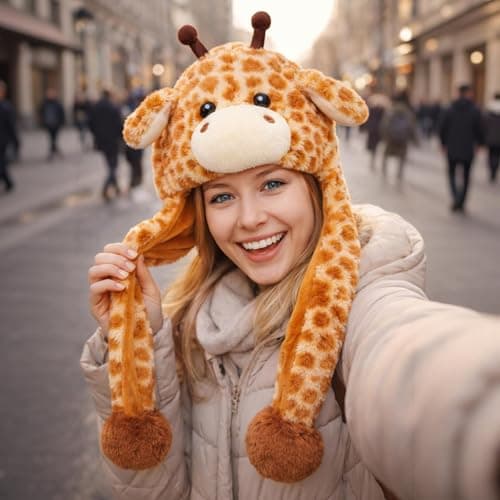 Bubblepompom Giraffe Hat with Ears Moving Jumping Pop Up Beating Hat Plush Earflaps Holiday Cosplay Costume Dress Up Funny Gift for Kids, 22'' — view 5
