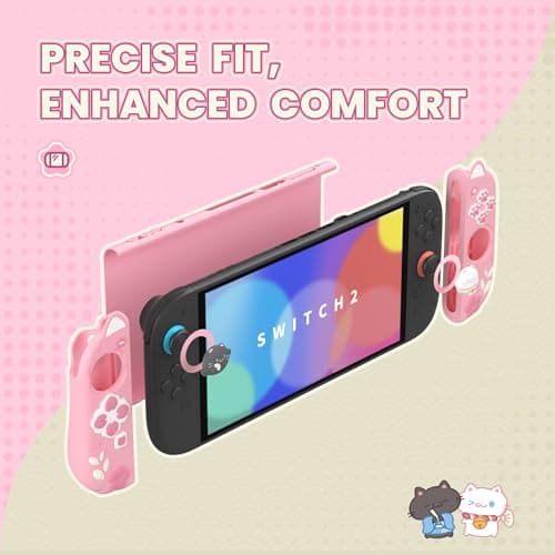 PlayVital Cherry Blossoms Kitten Protective Case for Nintendo Switch 2 with Stand | Cute Cat Ear & Paw Silicone Grips, Dockable Hard Shell, 2 Joystick Caps | Full-Body Protection Cover - Pink — view 2