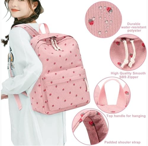 Bluboon Backpack for School Girls Backpack Cute Corduroy Bookbag Kids Backpack Laptop Backpack Gifts for Women, Corduroy Strawberry Pink, Classic — view 5